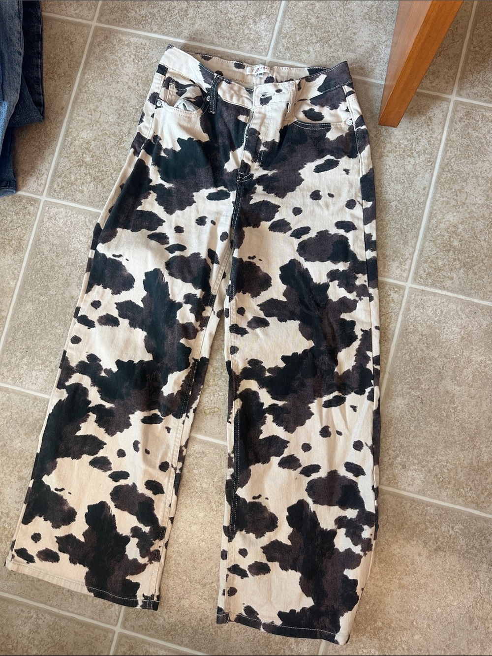 Womens Cow Print wide Straight-Leg Pants - Black on Cream